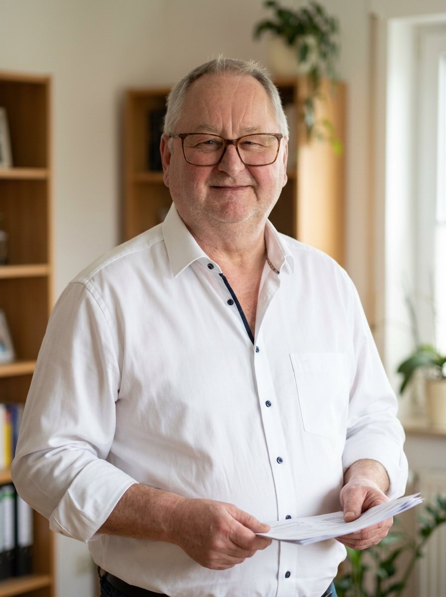 Heins Artur Schütt in seinem Büro, mit Versicherungsunterlagen in der Hand