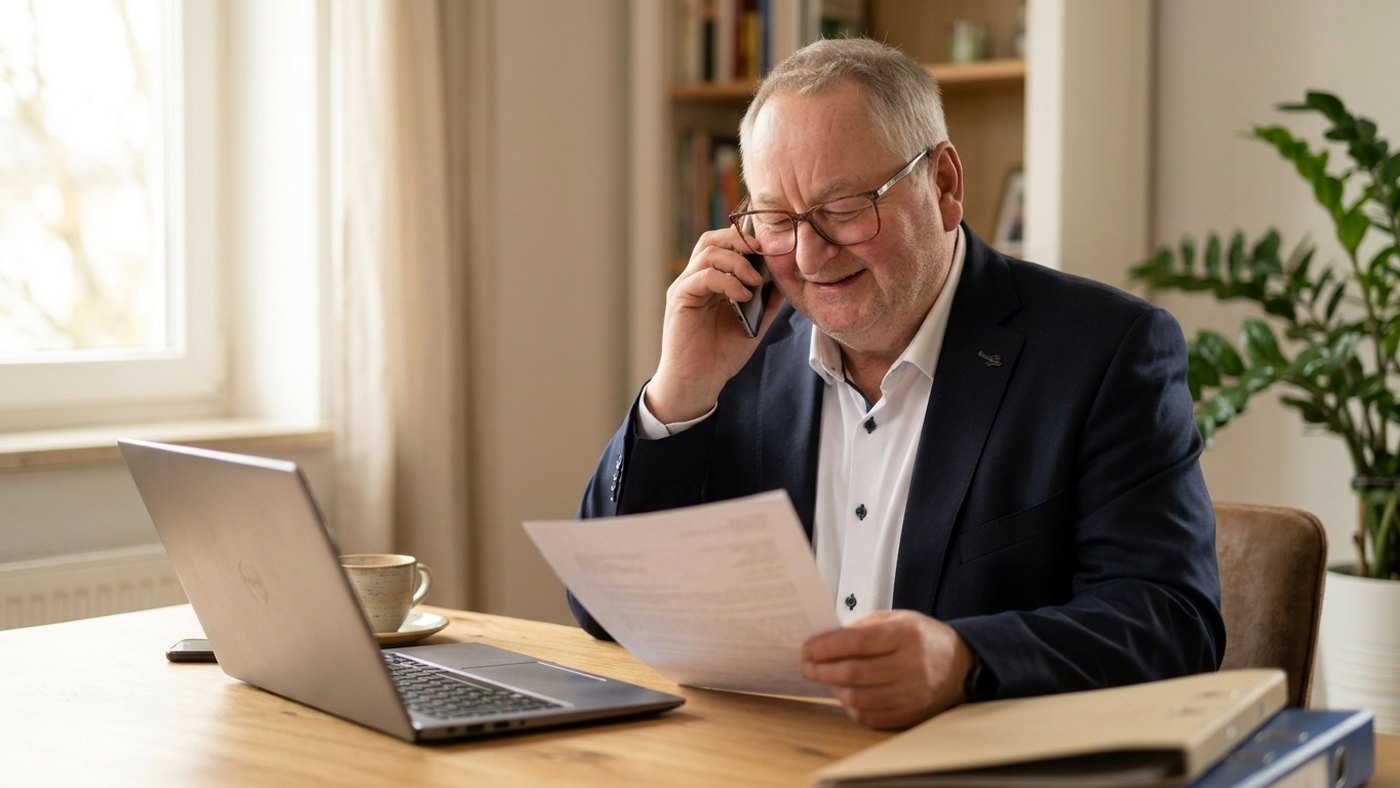 Heins A. Schütt am Schreibtisch im Telefongespräch, mit einem Versicherungsschein in der Hand