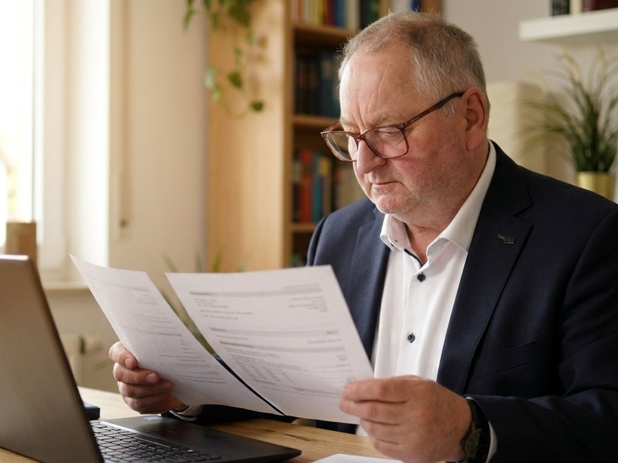Heins A. Schütt vergleicht zwei Tarifunterlagen an seinem Schreibtisch